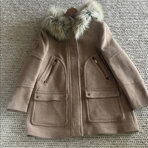 J Crew Tan Stadium Cloth Wool coat with removable Faux Fur Hood